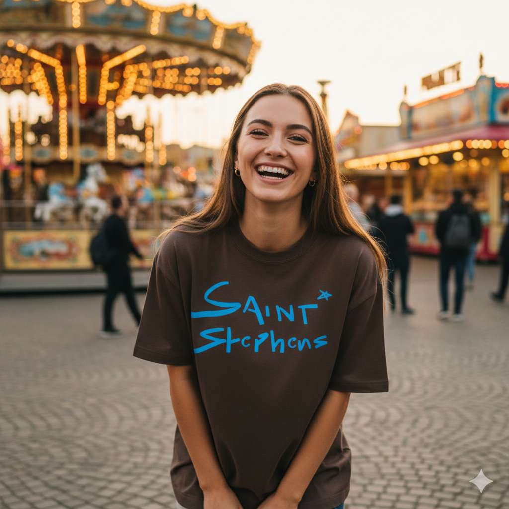 Girl in the Wiener Würstelprater. Laughing into the camera. She is wearing a brown tshirt with a blue text saying "Saint Stephens"