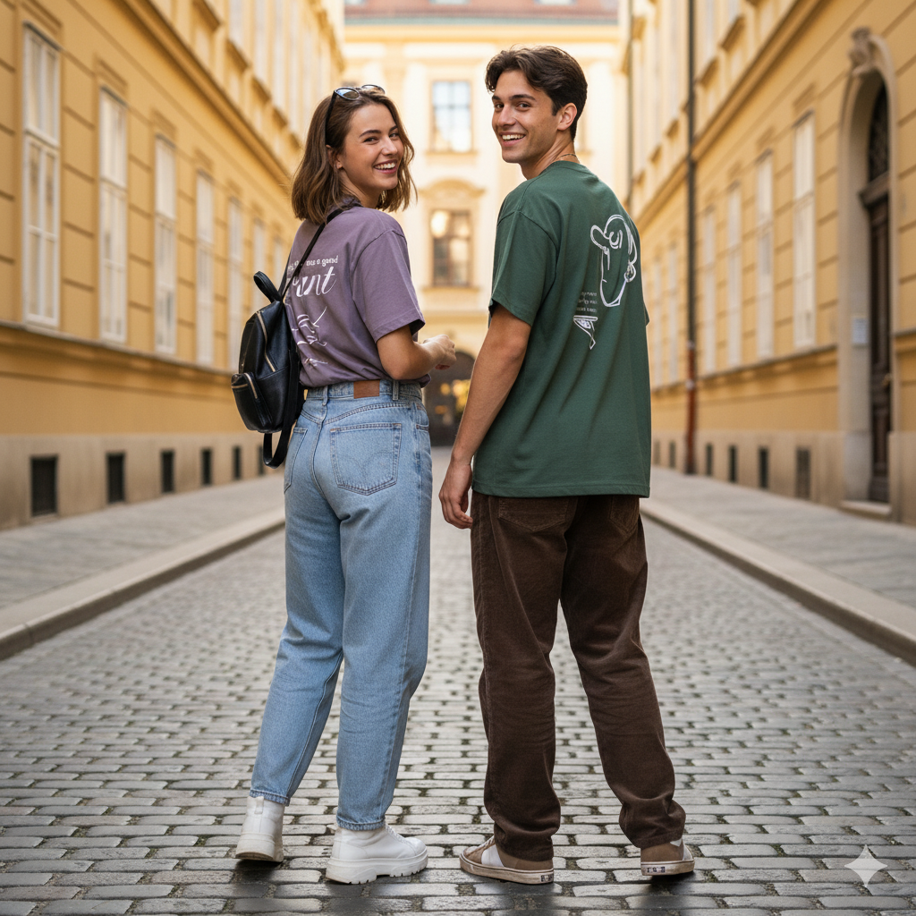 A girl and a boy walking in Vienna. They are looking back into the camera smiling. They are wearing the new T-shirts from the Vienna Meme collection.