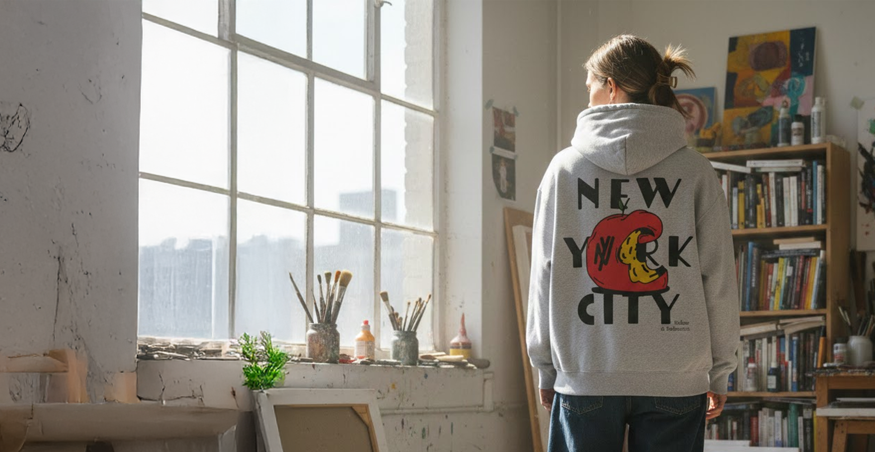 Woman in Art Studio in New York, wearing a gray new york city sweater.