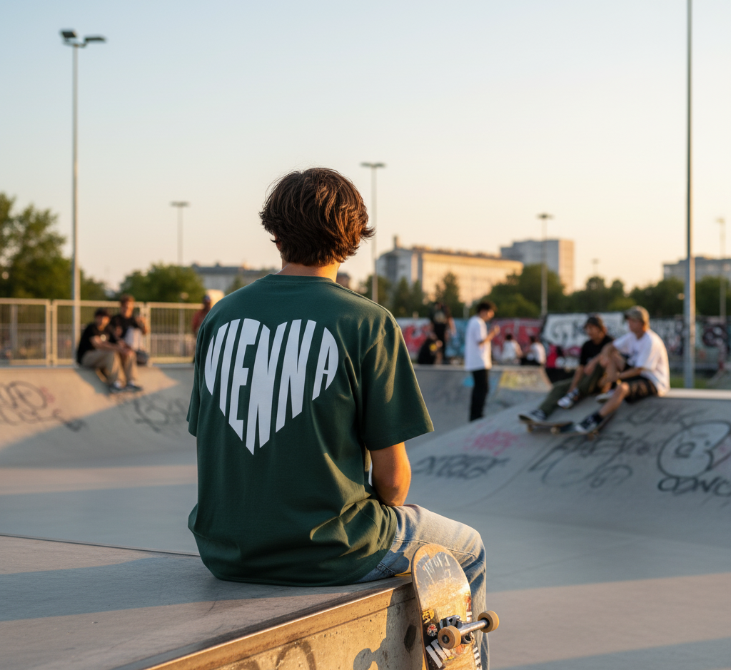 Skater sitting on a ramp during sunset. He is wearing the green VIENNA HEART T-shirt.