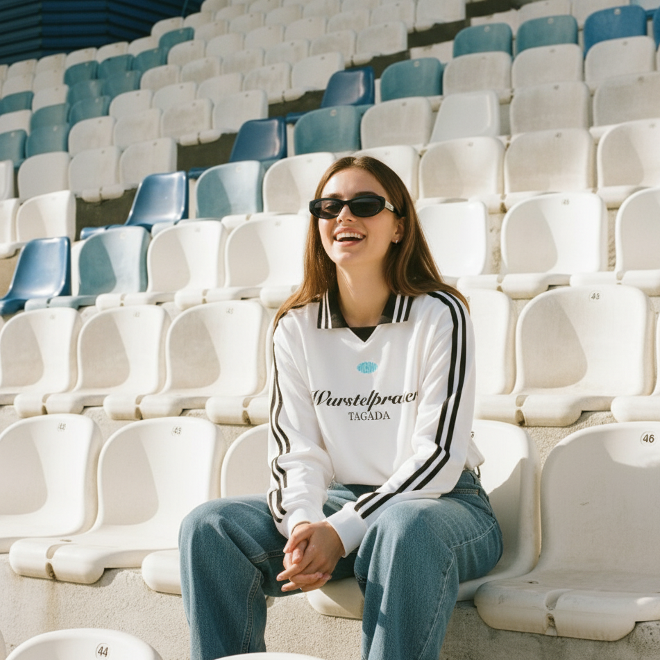 young woman laughing in the empty stands. She is laughing into the camera, wearing streetwear from vienna.